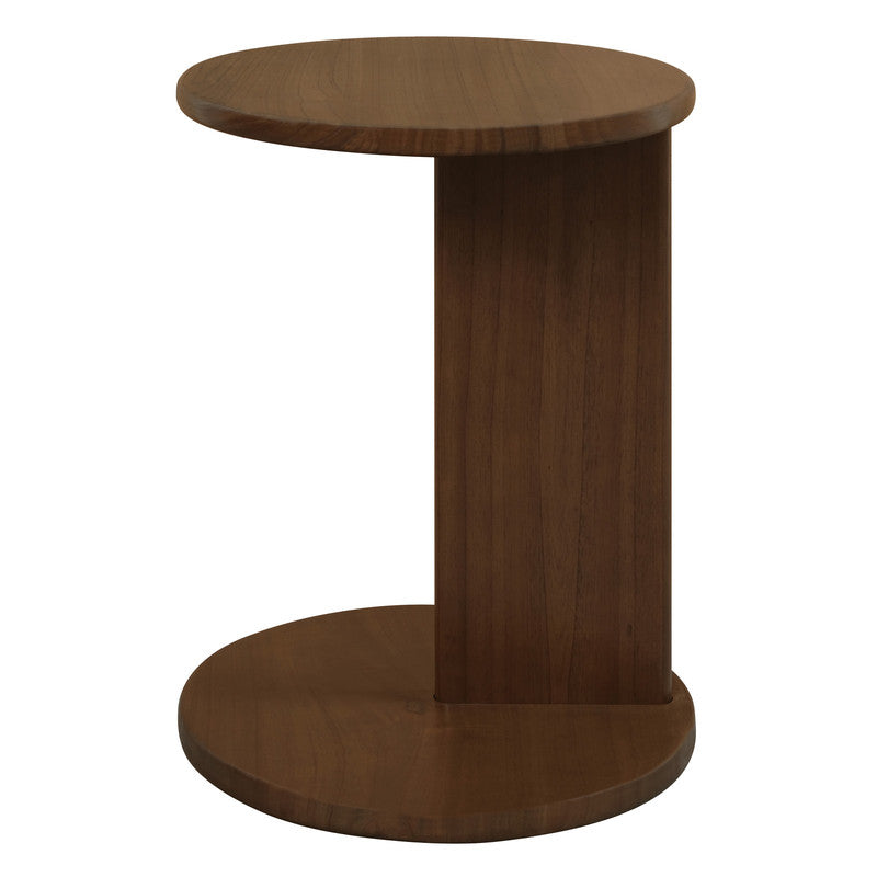 Walnut round solid timber lamp table with cylindrical pedestal and circular base