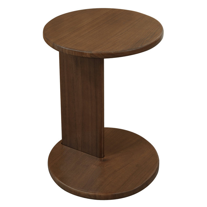 Walnut round timber lamp table with smooth round top, pedestal column, and lower disc