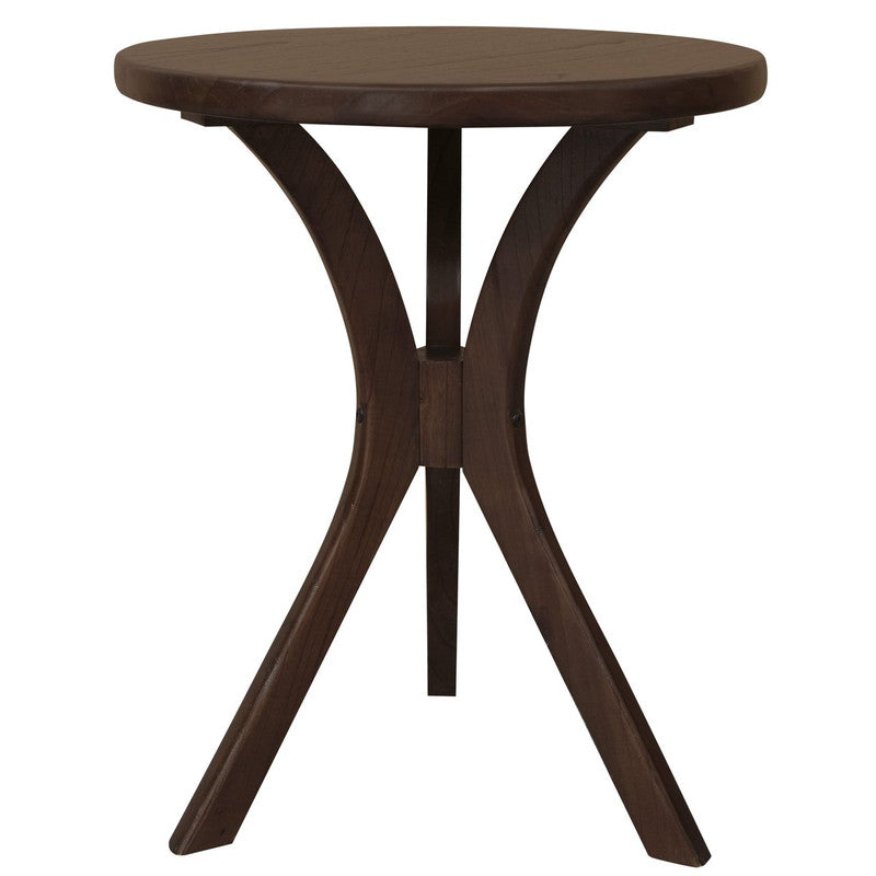 Small round walnut side table with curved legs and X-style support