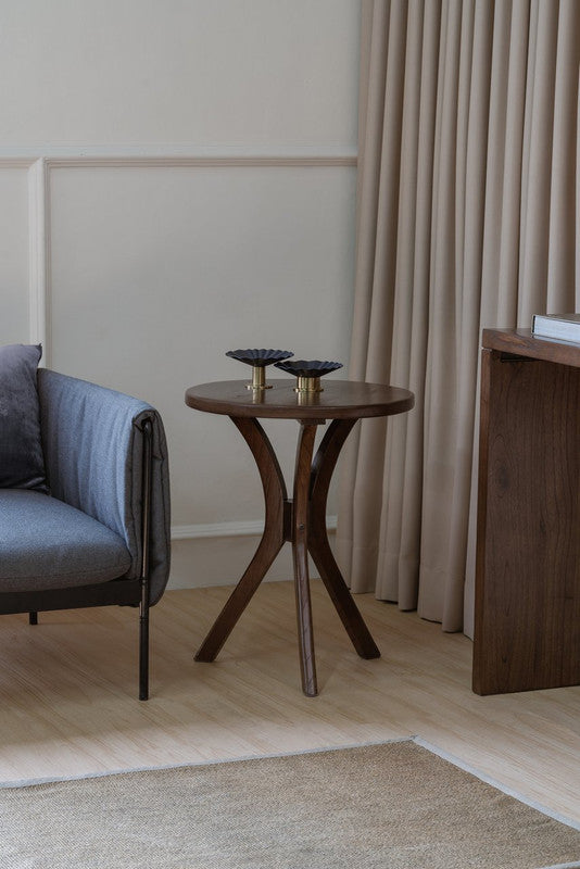 Small round side table in walnut with slender tripod legs