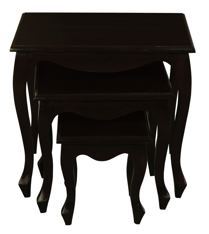 Dark chocolate nest of 3 tables with scalloped aprons and turned legs, nested.