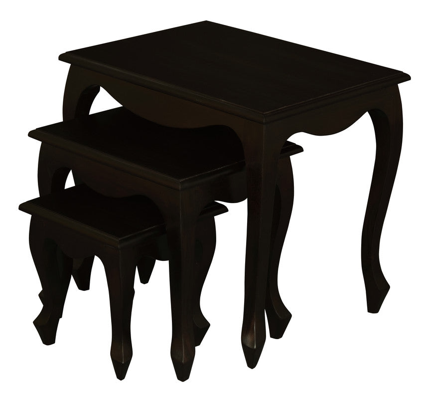 Dark chocolate nest of 3 tables with curved legs and layered rectangular tops.