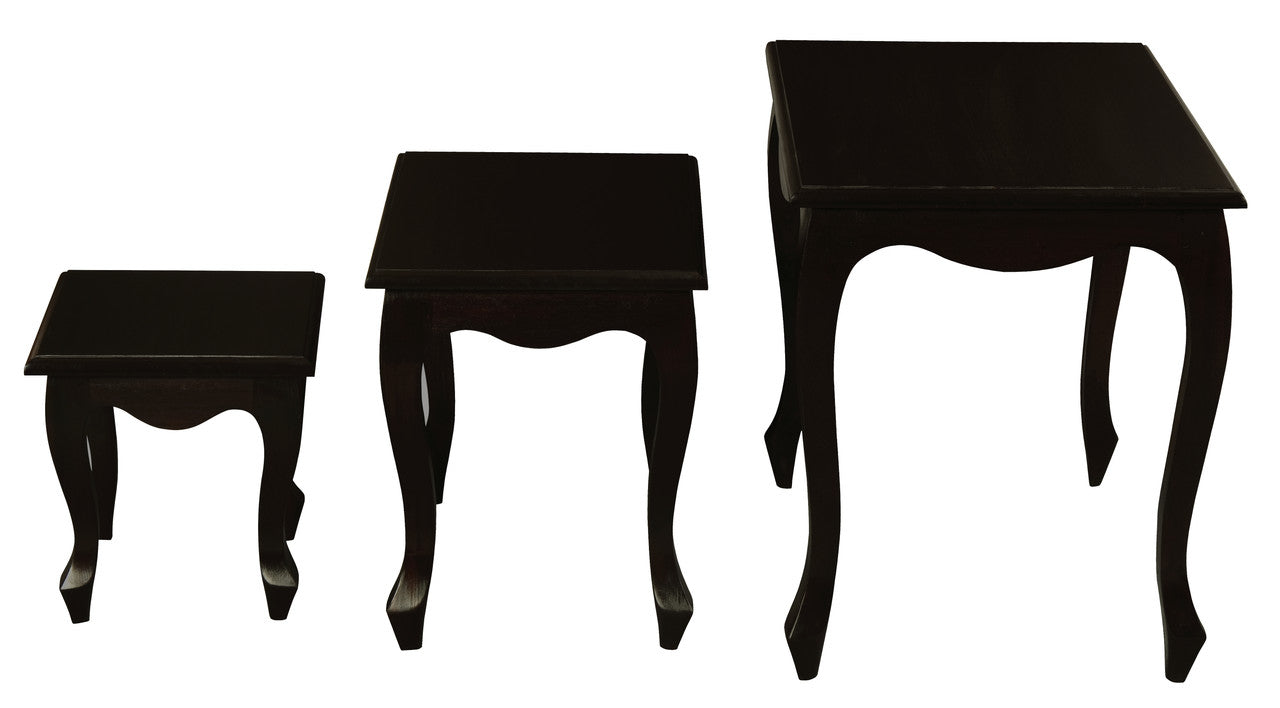Set of 3 dark chocolate nesting tables in three sizes, rectangular tops and turned legs.