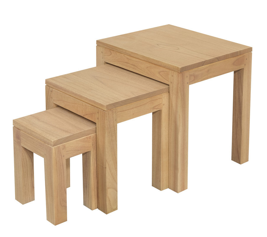 Nesting side tables set of 3 in light natural wood, stacked square table tops