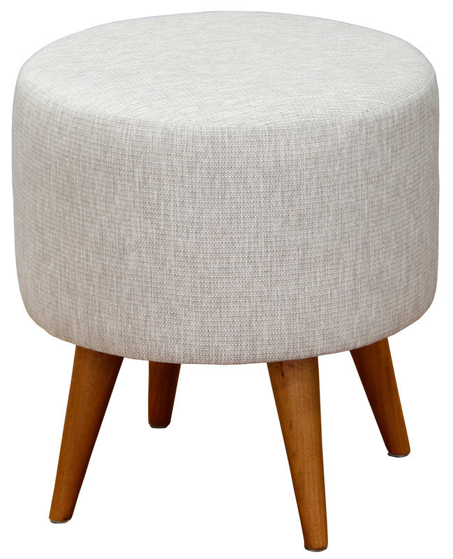 Round light grey upholstered ottoman with wooden legs and flat top
