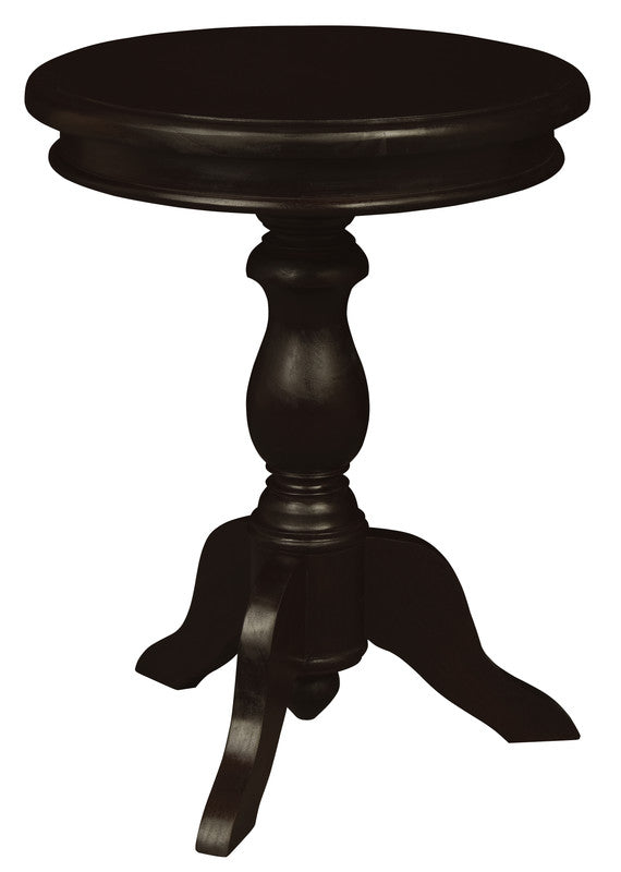 Round wine table with dark chocolate finish, turned pedestal and tripod-style legs
