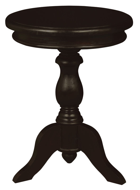 Round wine table in dark chocolate, round top on turned pedestal and three legs