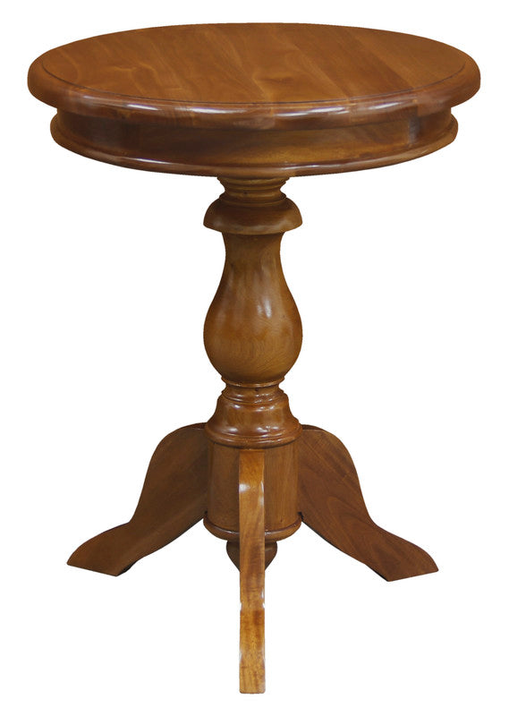 Light pecan round wine table with turned pedestal and three tripod legs
