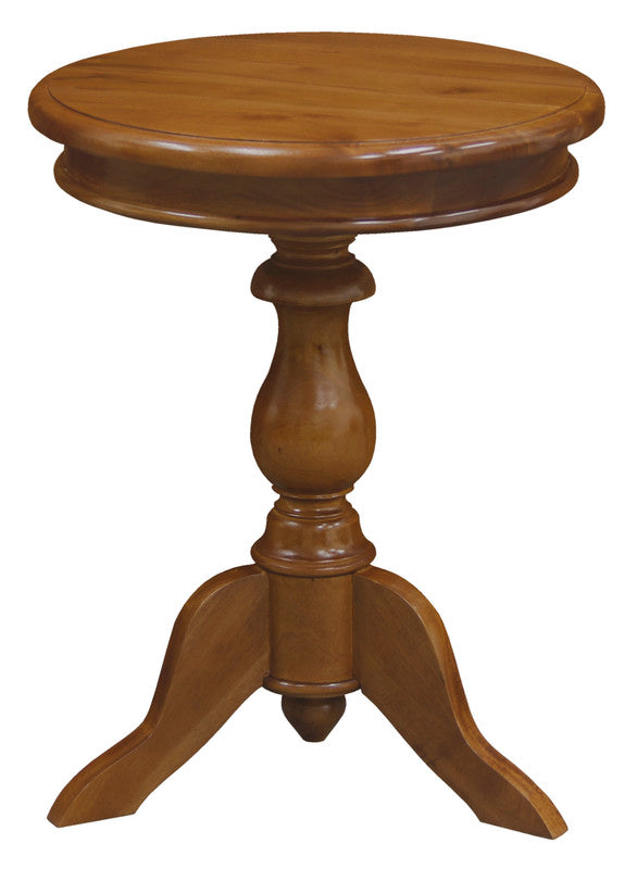 Round wooden wine table with smooth turned column base and three splayed legs