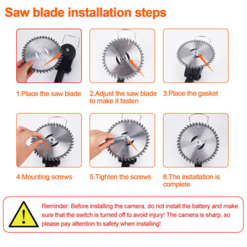 Trimmer saw blade with installation steps and gasket, screws detail