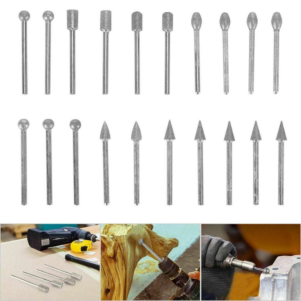 20pcs Diamond Grinding Heads Mini Drill Burrs Bit Set 3mm Shank