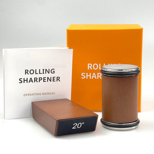 Rolling knife sharpener kit with manual, orange box, cylindrical sharpener, 20° angle block