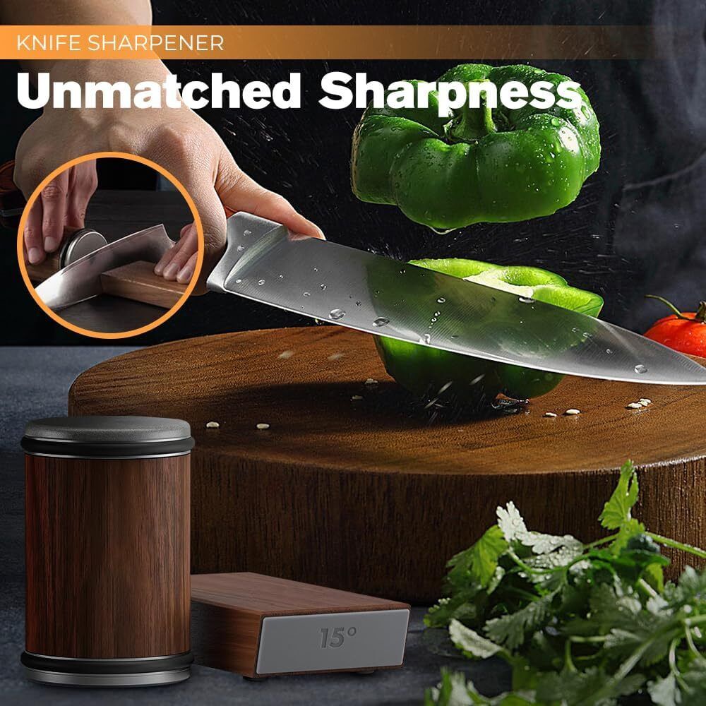 Rolling knife sharpener kit with roller base and knife being sharpened on wooden block