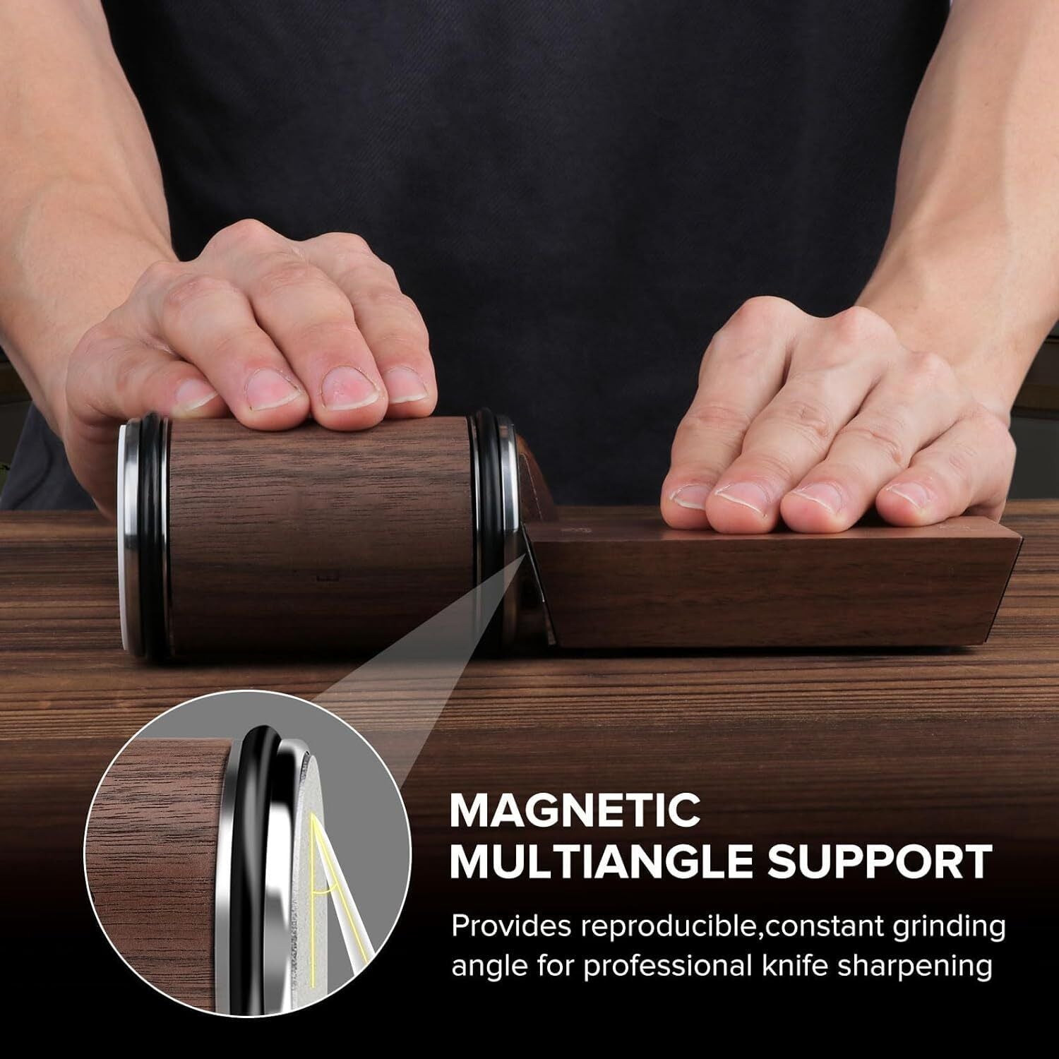 Rolling knife sharpener kit with roller base, hands holding knife over wooden sharpening block
