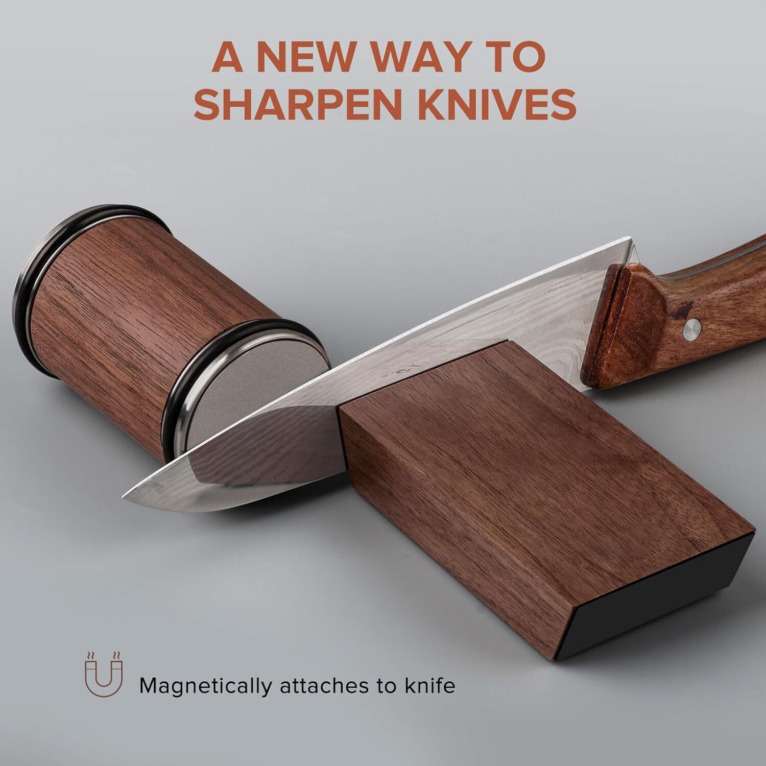 Rolling knife sharpener kit with wooden roller base and magnetic angle sharpening blocks
