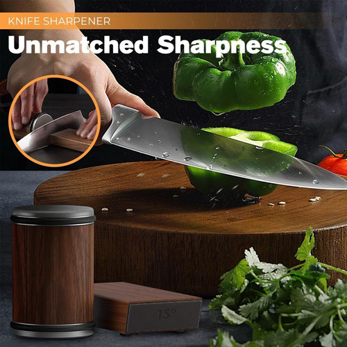 Rolling knife sharpener kit with roller base and chef knife sharpening on wooden block