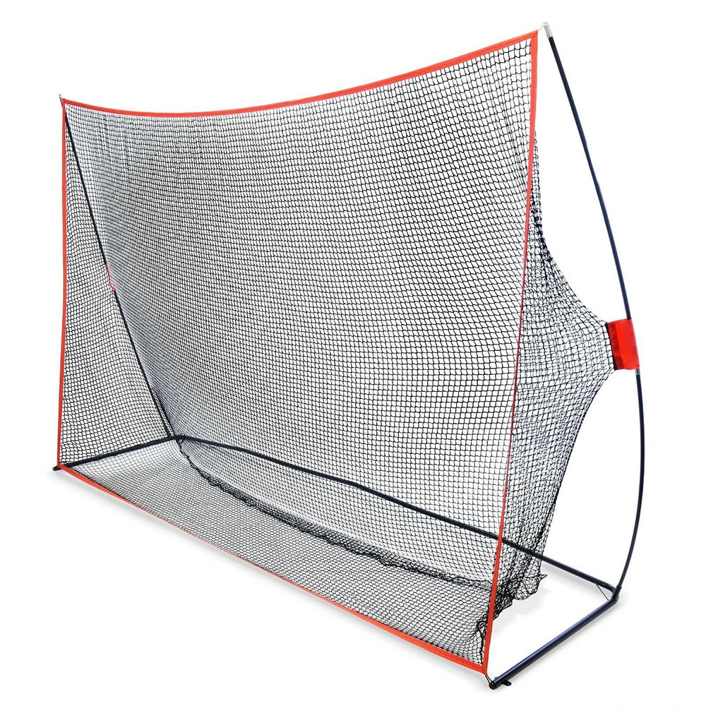 Portable golf practice net with red and black frame, gray knotless netting