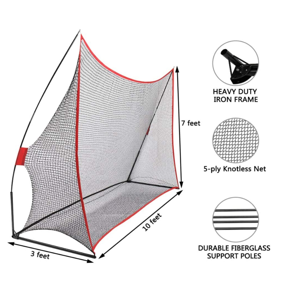 Portable hitting practice net with red trim, black steel frame, knotless net mesh