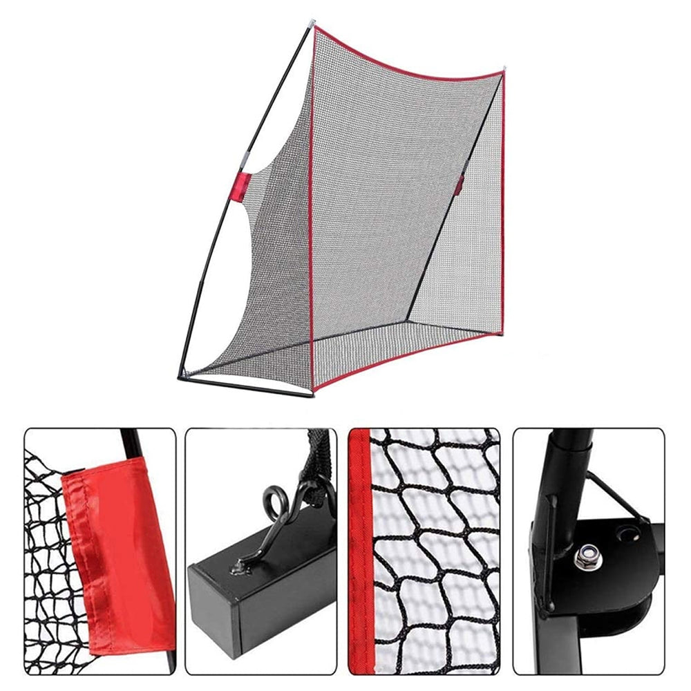 Portable golf practice net with red edging and black support poles, gray net mesh