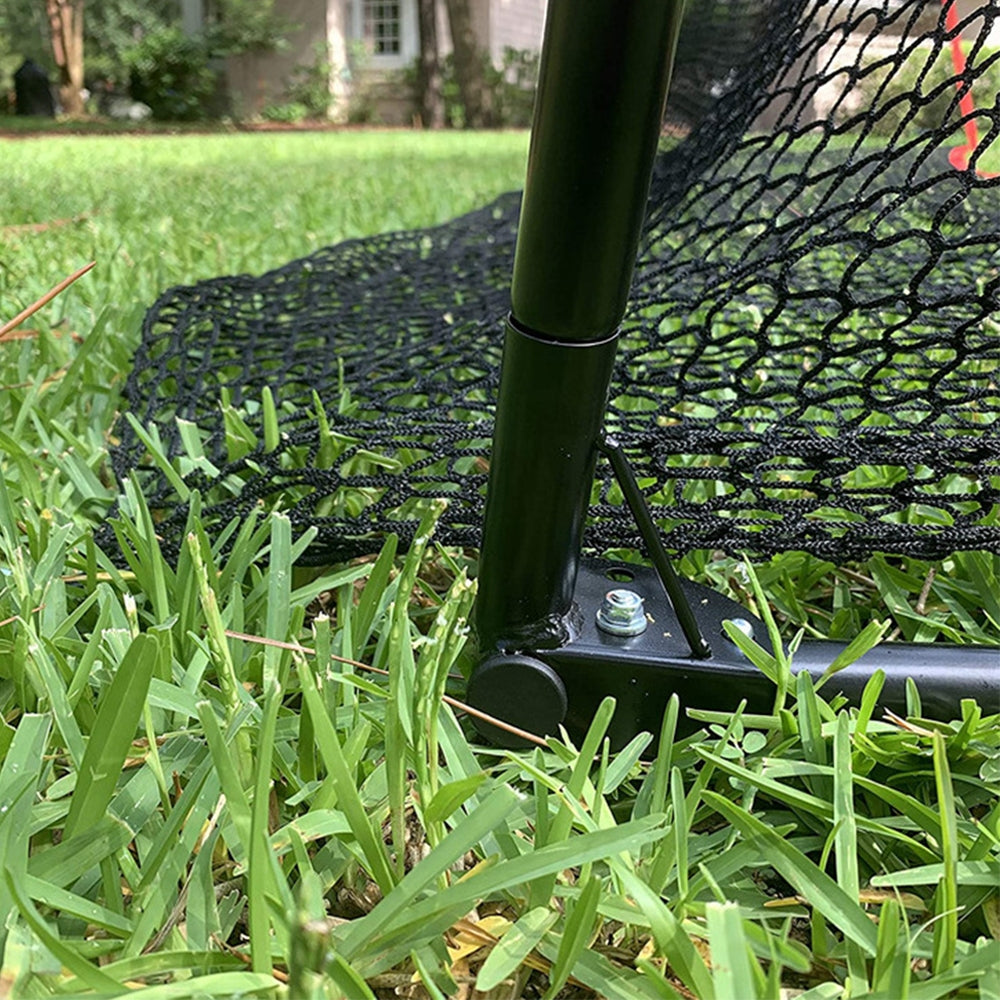 Steel support pole base with attached netting for outdoor golf practice net