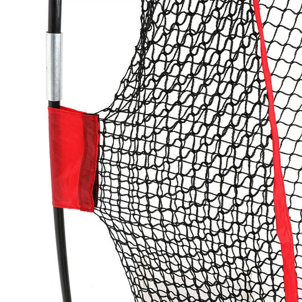 Close-up of knotless net mesh with red border and metal frame pole