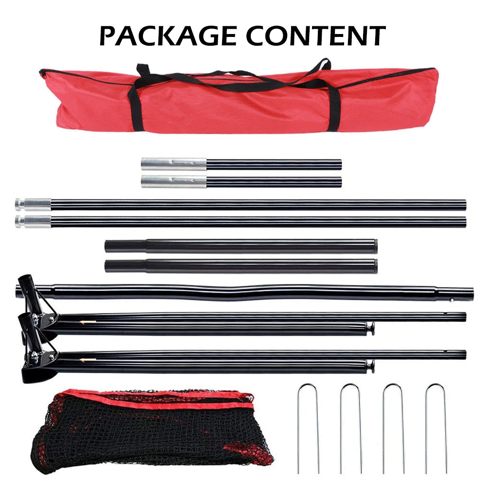 Golf practice net package: red carry bag, metal poles, stake pegs, net and stakes
