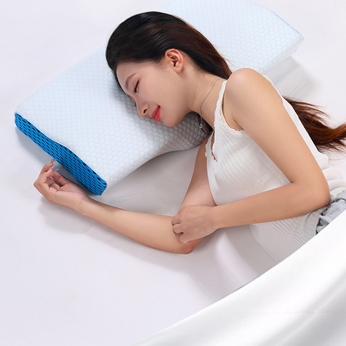 Ergonomic memory foam contour pillow with cervical groove and blue side panels