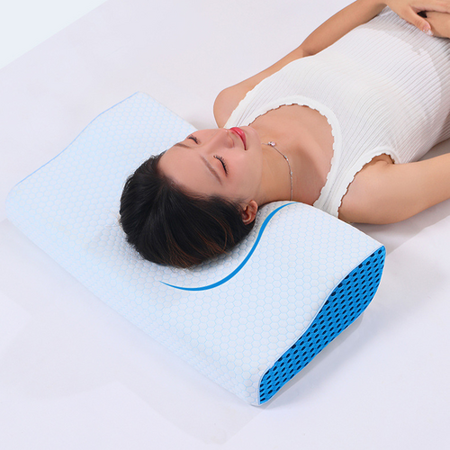 Blue ergonomic neck contour pillow with curved support and central channel