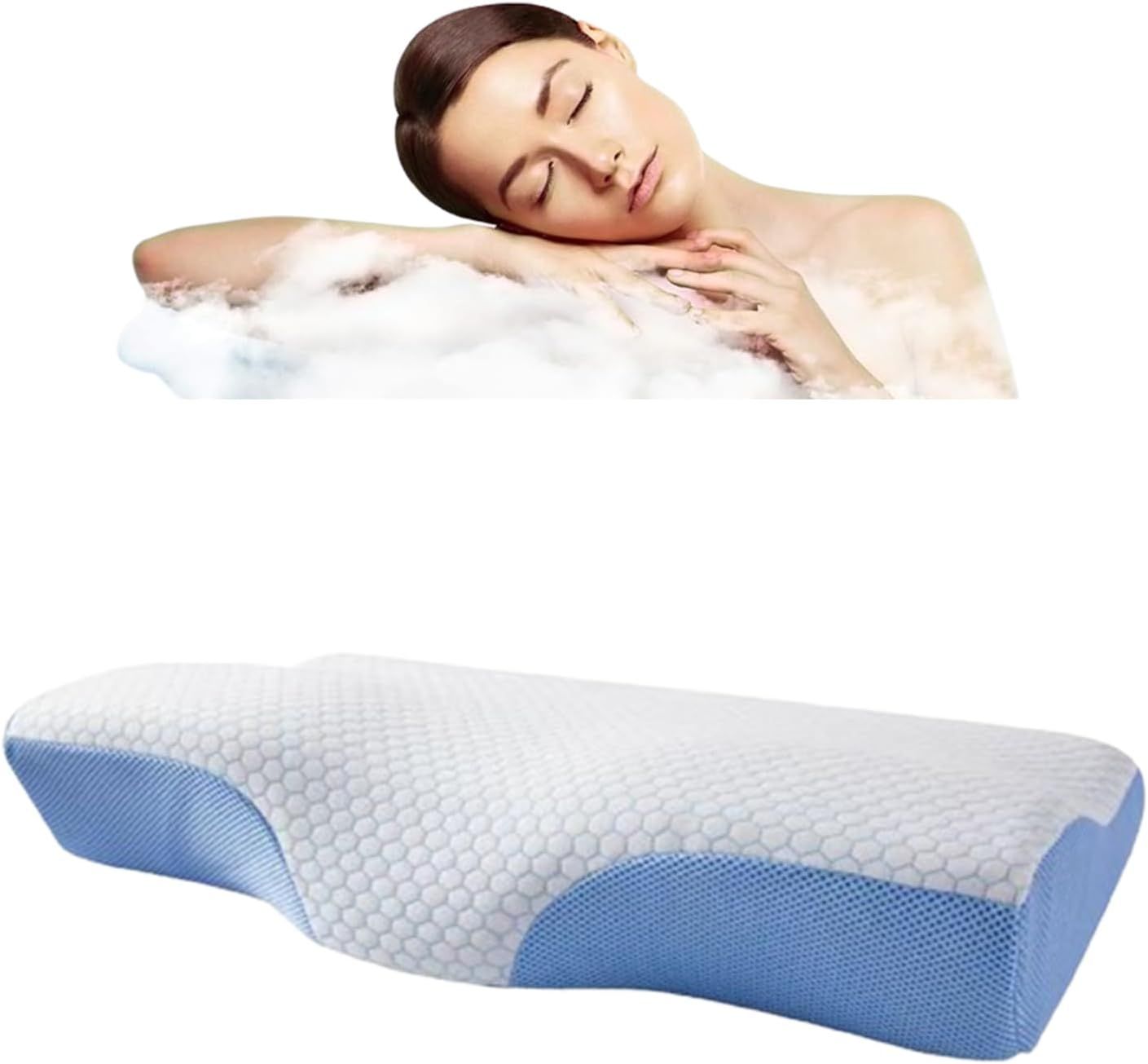 Ergonomic memory foam contour pillow with honeycomb top and blue base