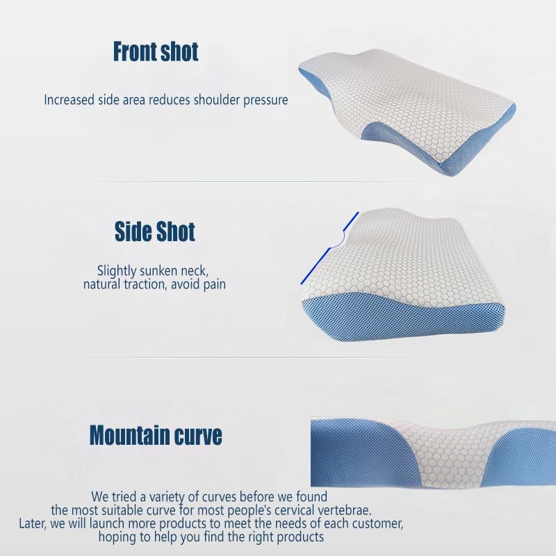 Ergonomic contour neck pillow shown from multiple angles, with blue edge support