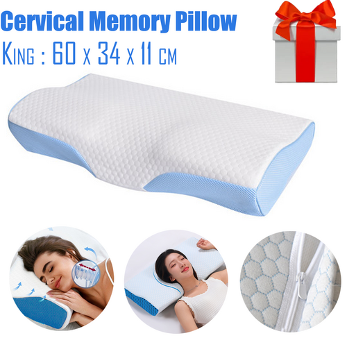 Ergonomic cervical contour memory foam pillow with blue side edges and central groove