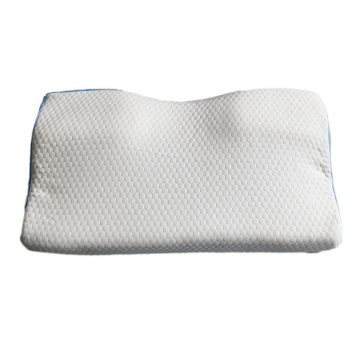 Cervical memory foam pillow with white honeycomb cover and blue piping edging