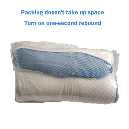 Compressed ergonomic memory foam neck pillow in clear packaging with blue edging