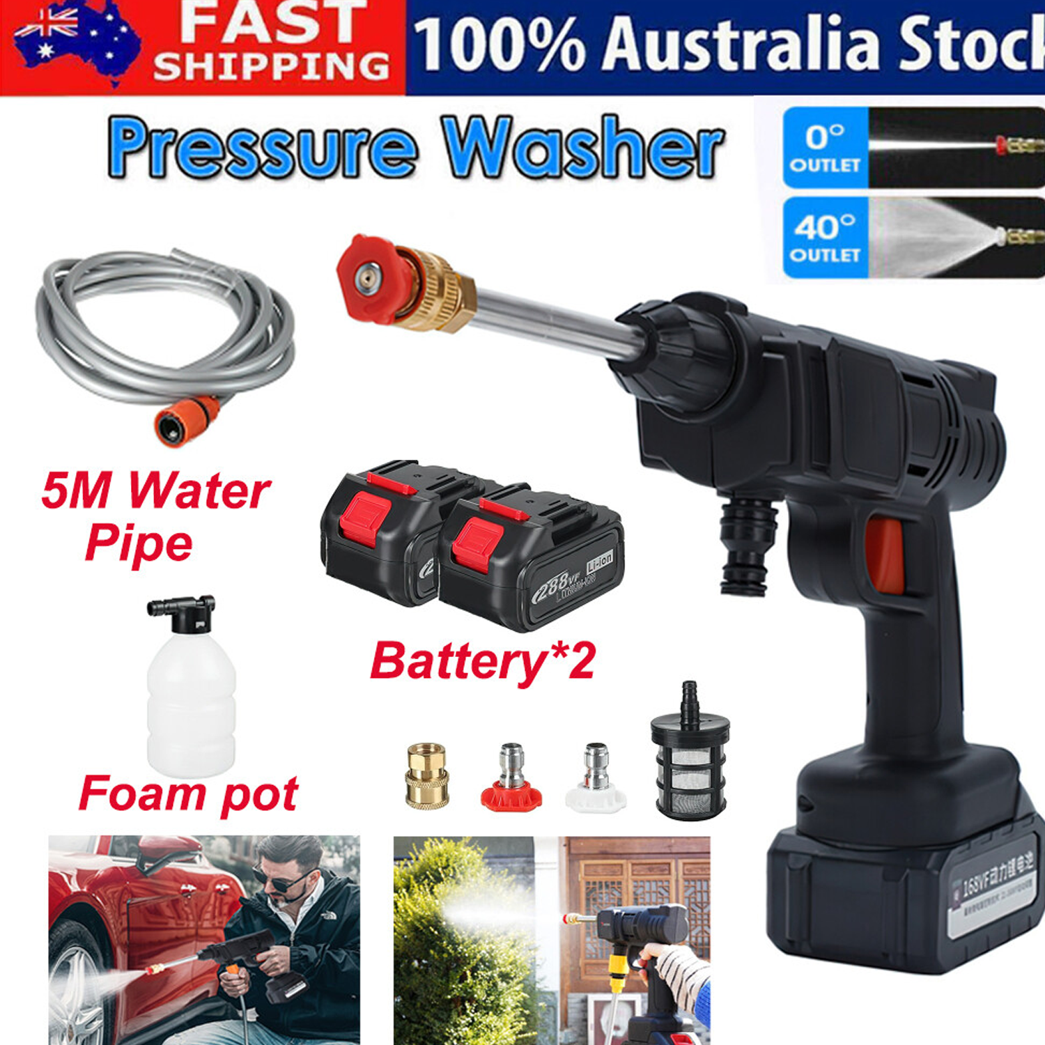 Cordless pressure washer kit with spray gun, 5 m hose, two batteries, and foam pot