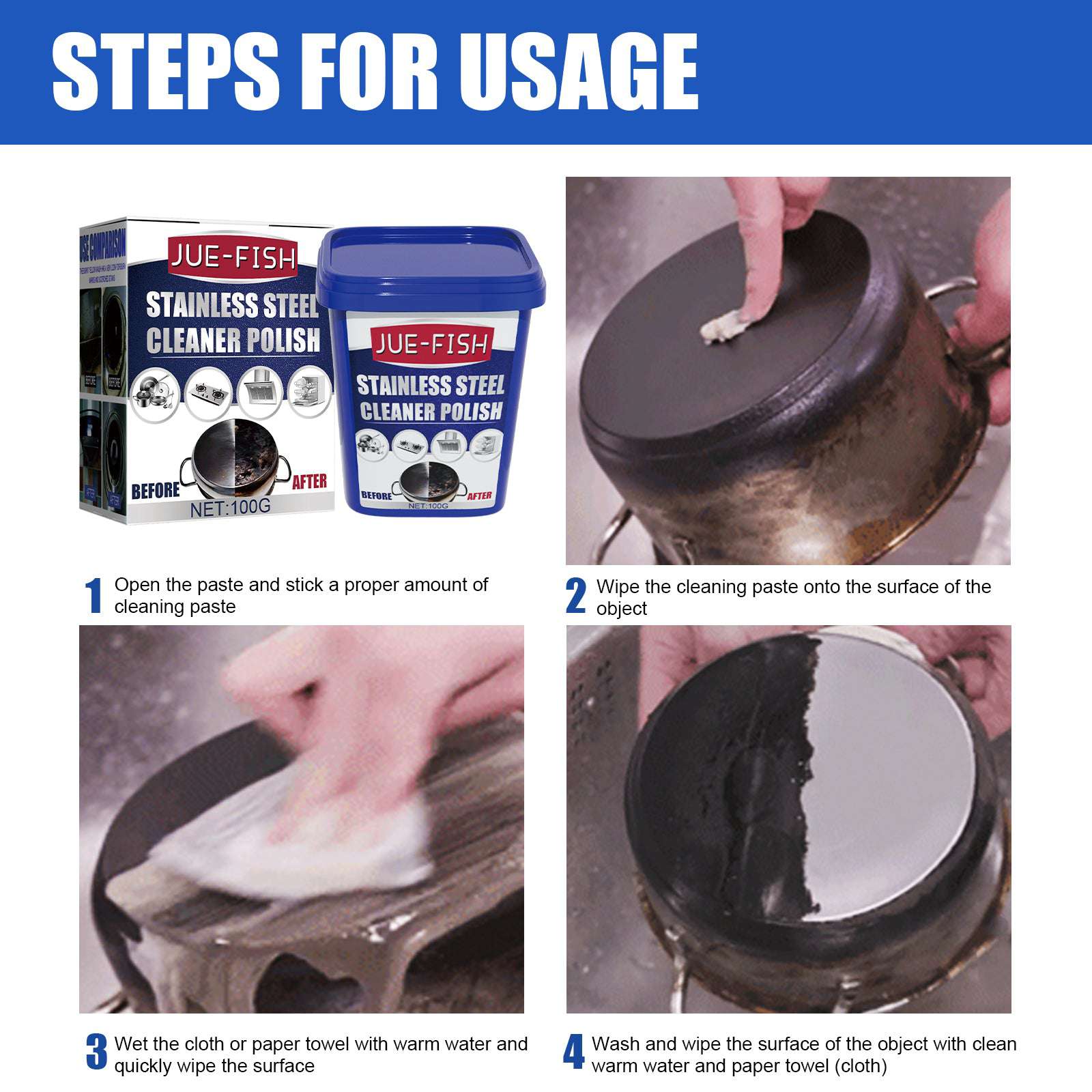 Jue-Fish Stainless Steel Cleaning Cream, Kitchen Decontaminant Pot Rust, Pot Bottom, Stove Top Black Scale Cleaning Cream