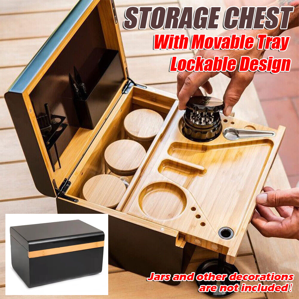 Lockable wooden storage chest with movable tray open, showing compartments and round inserts