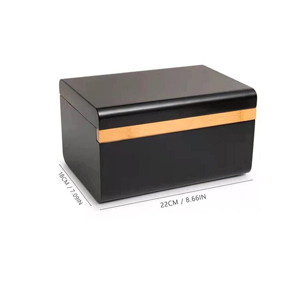Lockable storage chest with flat lid, black finish and light wood band at center
