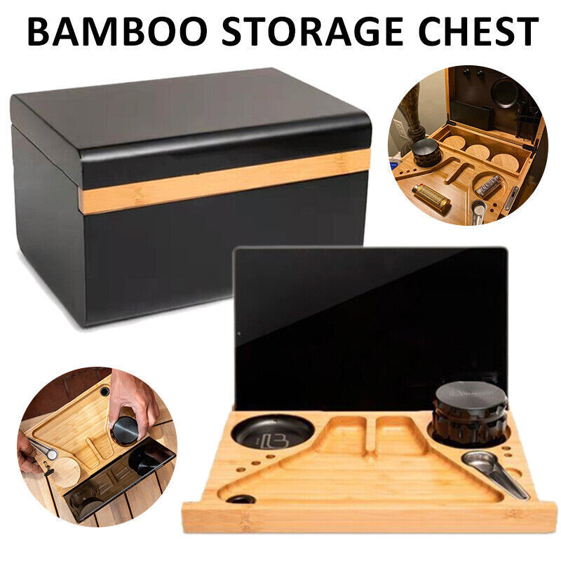 Lockable storage chest with dark exterior and light wood band; lid open to reveal tray