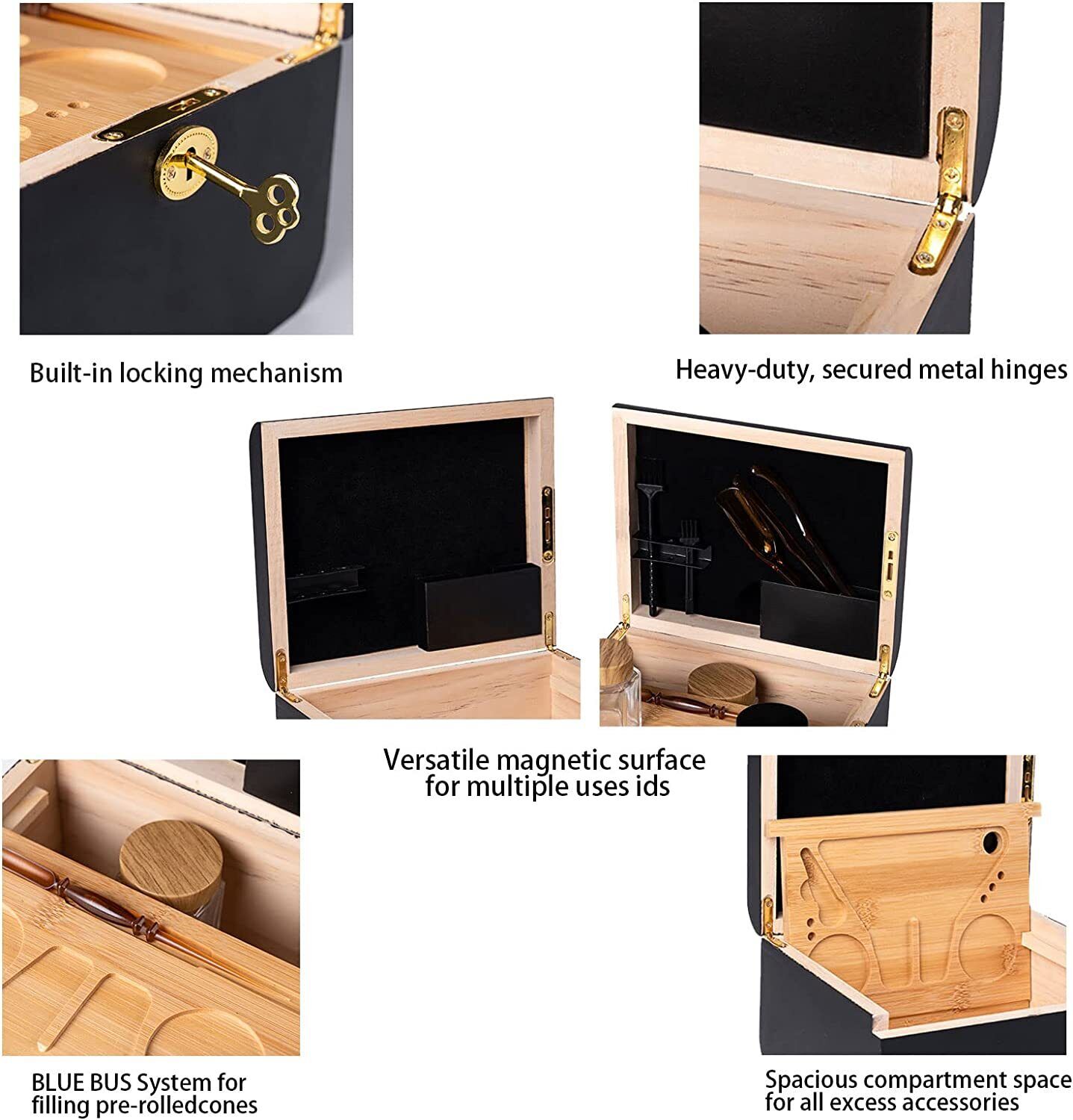 Locking storage chest detail showing metal hinges and interior tray compartments