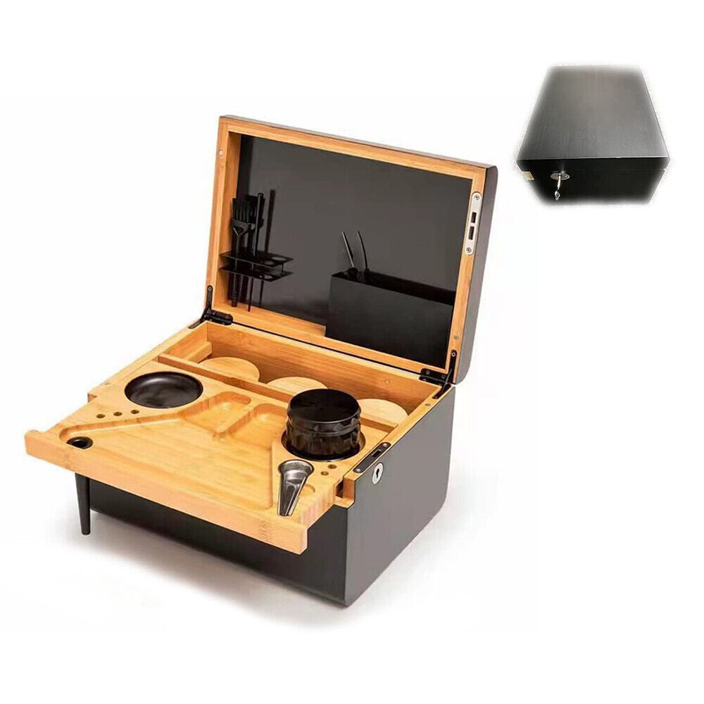 Open lockable storage chest with wooden tray insert and built-in circular bowl holders