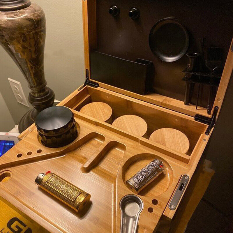Open wooden storage chest tray with round cup sections and long accessory grooves