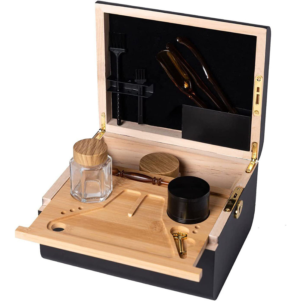 Lockable storage chest open with wooden tray and black-sided housing, cup holders and tools