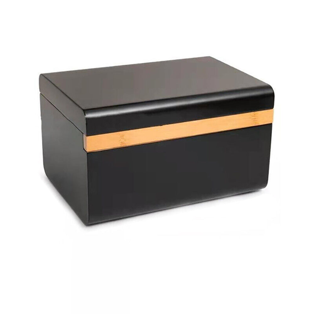Lockable wooden storage chest with hinged lid and light wood front stripe