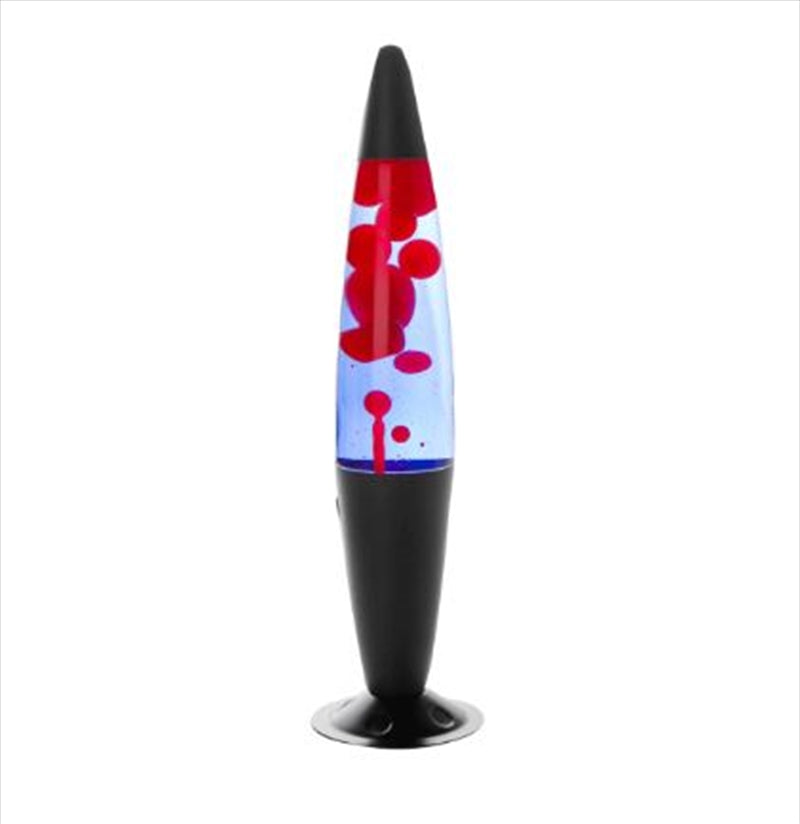Motion lamp with black base and cone, red and blue peace symbol graphic