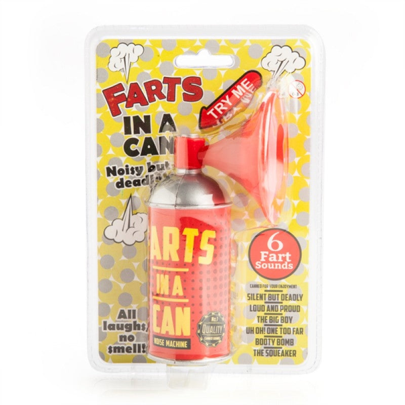 Novelty fart noise machine can in clear blister pack
