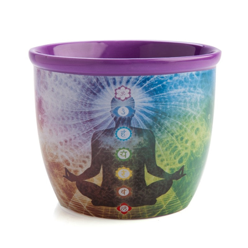 Chakra ceramic smudge bowl with multicolor lotus figure and purple rim