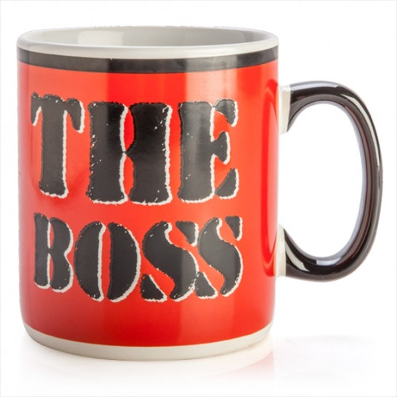 Red ceramic mug with black 'THE BOSS' lettering and curved handle