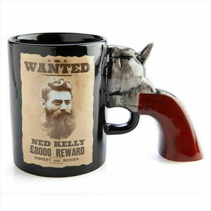 Black 3D handle mug with Wanted poster print and red revolver-style handle