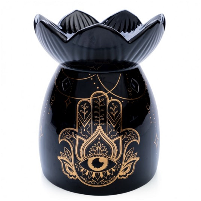 Ceramic oil burner with gold Hamsa hand design, dark blue finish