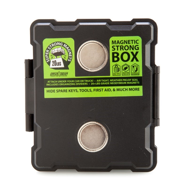 Magnetic storage box with two round metal magnetic lids and side latches